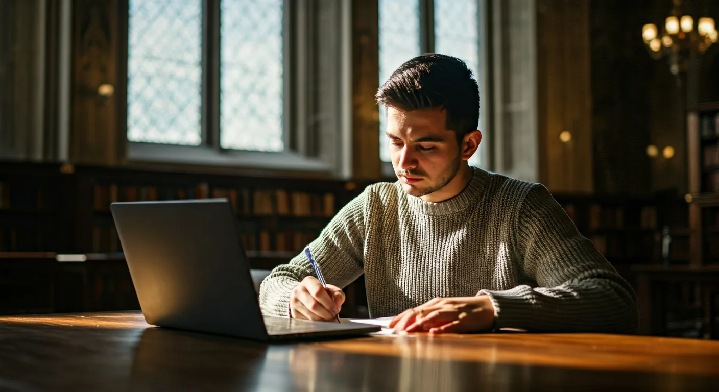 A student writing their Dartmouth supplemental essays on a laptop in a library.