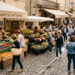 Descriptive Essay on a Busy Market: Sensory Writing Guide 3 Busy open-air European artisan marketplace with vibrant fruit stalls and cobblestones (AI Generated Image)