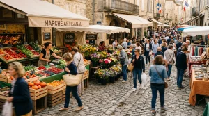 Descriptive Essay on a Busy Market: Sensory Writing Guide 6 Busy open-air European artisan marketplace with vibrant fruit stalls and cobblestones (AI Generated Image)