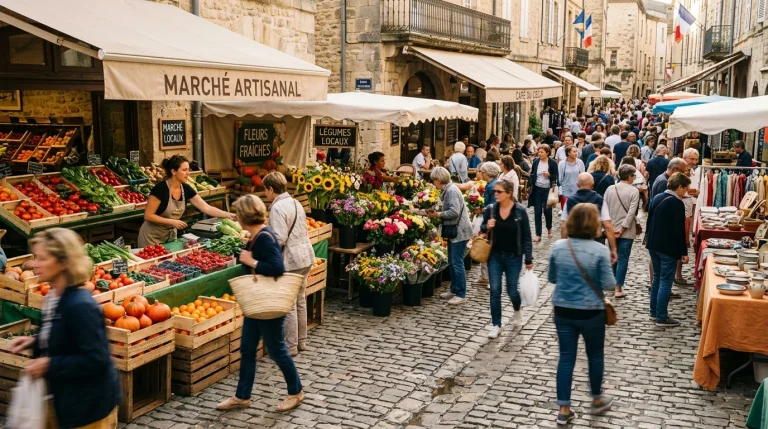 Busy open-air European artisan marketplace with vibrant fruit stalls and cobblestones (AI Generated Image)