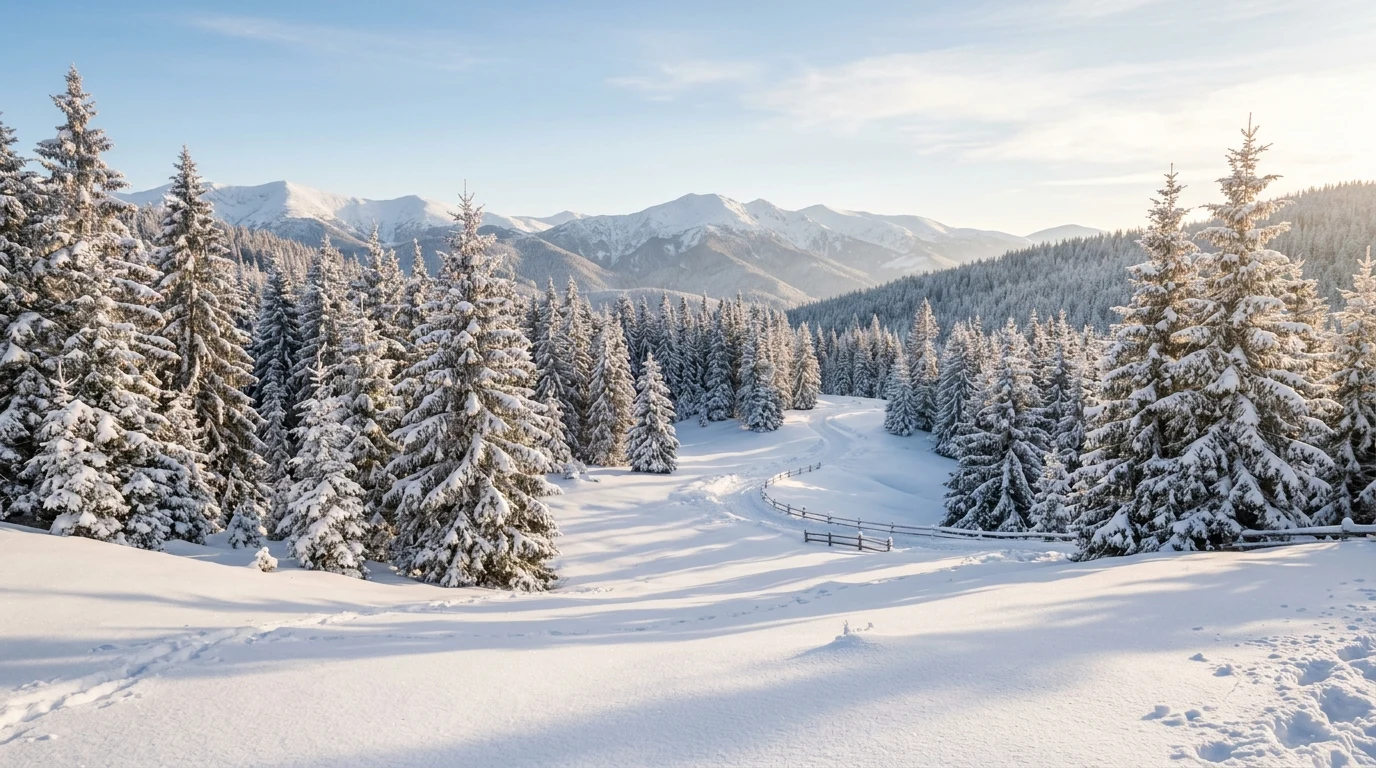 How to Describe Snowy Weather: Essay Writing Guide 1 Snowy winter landscape with pine trees and fresh powder for descriptive essay writing (AI Generated Image)