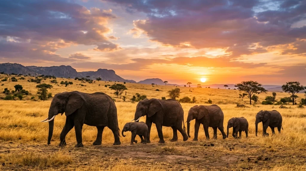 Why Circus Animals Should Not Be Kept in Captivity: Argumentative Essay 1 Wild elephant family walking across open African savannah at sunset (AI Generated Image)