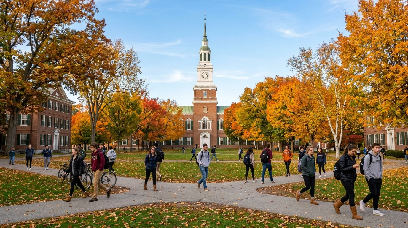 Dartmouth Essays That Worked: Analysis & Prompt Strategies 1 Iconic Dartmouth College campus green in Hanover New Hampshire with historic collegiate architecture (AI Generated Image)
