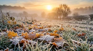 Essay on a Cold Frosty Day: Complete Writing Guide & Examples 5 Golden sunrise over frozen frosty meadow with crystalline frost on autumn leaves (AI Generated Image)