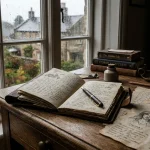 How to Write Emotionally Complex Characters: Creative Writing Guide 2 Writer desk with open leather journal and parchment character sketches (AI Generated Image)