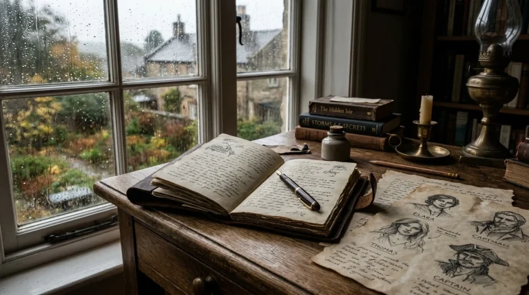 How to Write Emotionally Complex Characters: Creative Writing Guide 13 Writer desk with open leather journal and parchment character sketches (AI Generated Image)