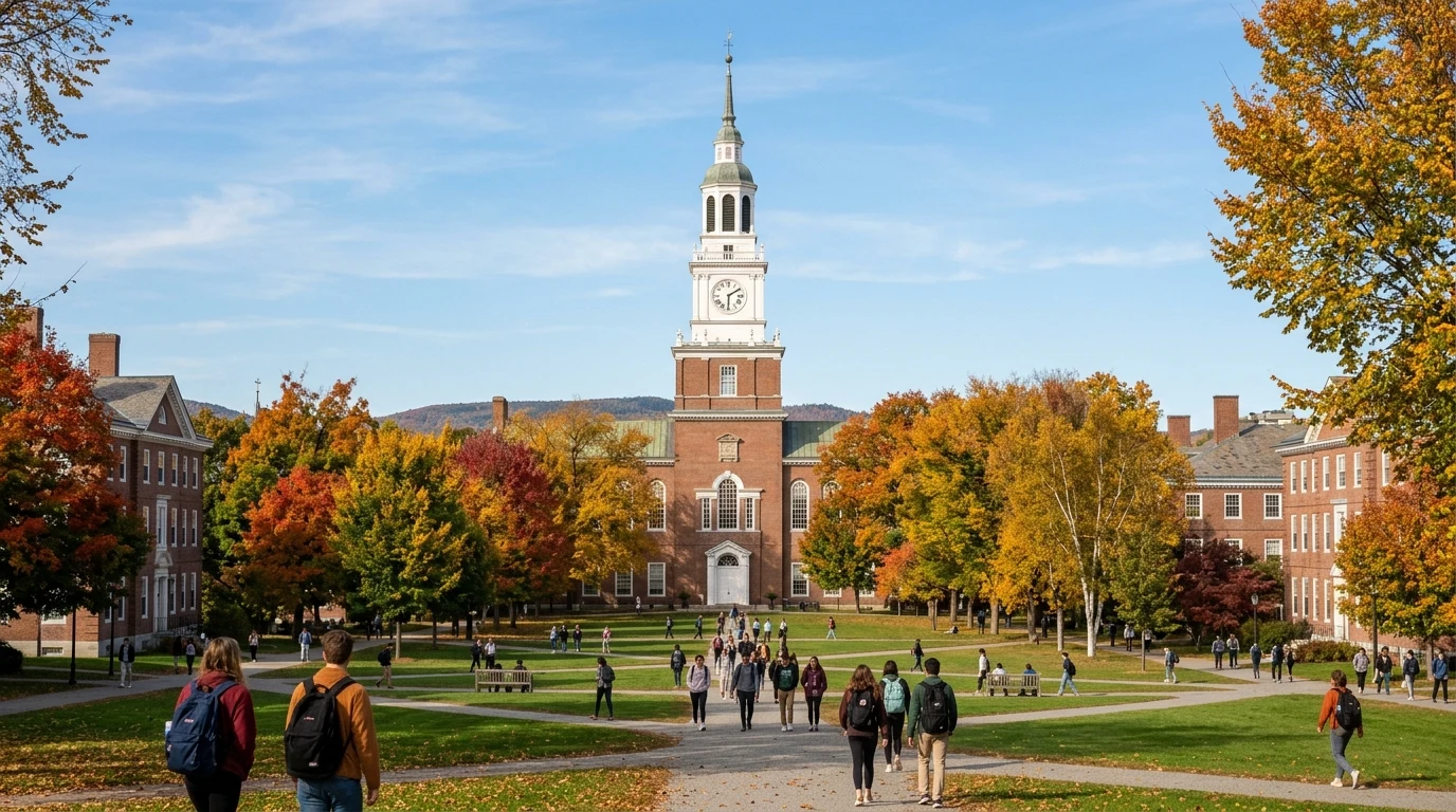 Dartmouth Essay Questions Guide: Prompts & Strategies 1 Historic Baker-Berry Library tower overlooking Dartmouth College green in autumn (AI Generated Image)