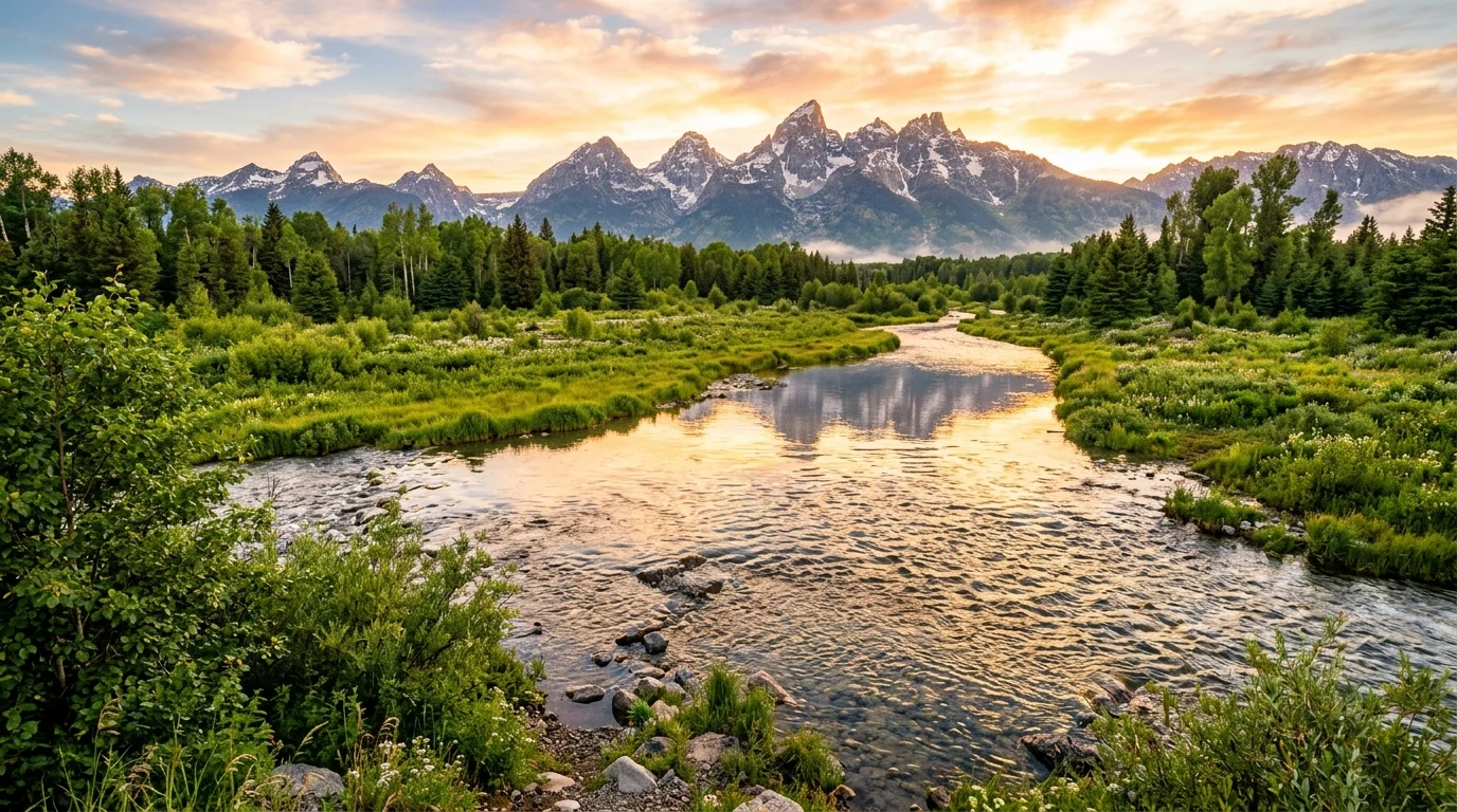 Crystal clear river winding through lush green valley with majestic mountains at sunrise (AI Generated Image)