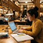 How to Answer Dartmouth Essay Prompts: Complete Guide 2 College applicant student focused on writing essays in warm library atmosphere (AI Generated Image)