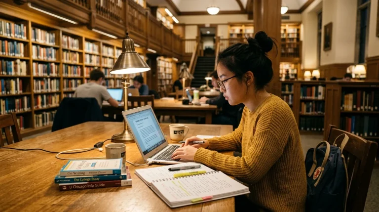 How to Answer Dartmouth Essay Prompts: Complete Guide 5 College applicant student focused on writing essays in warm library atmosphere (AI Generated Image)