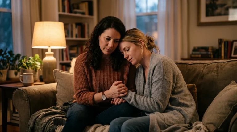 How to Describe the Emotion of Watching Someone Cry: Writing Guide 9 Two people sitting quietly in softly lit room holding hands and offering emotional comfort (AI Generated Image)
