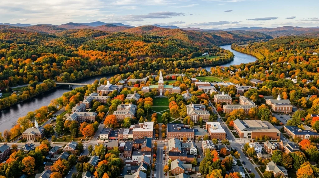 Dartmouth Prompts Masterclass: Choosing Your Best Option 1 Scenic aerial view of Dartmouth College campus and Hanover New Hampshire surrounded by autumn foliage (AI Generated Image)