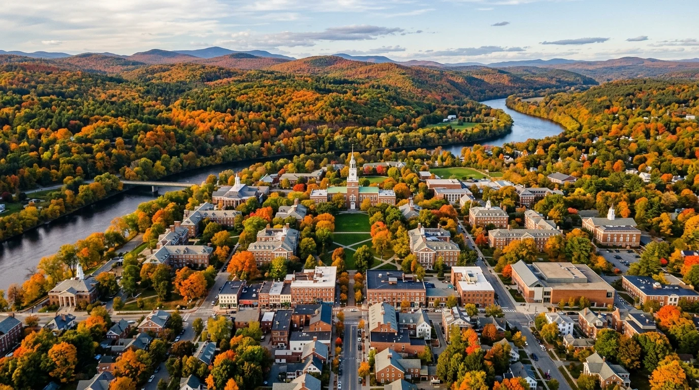 Dartmouth Prompts Masterclass: Choosing Your Best Option 1 Scenic aerial view of Dartmouth College campus and Hanover New Hampshire surrounded by autumn foliage (AI Generated Image)