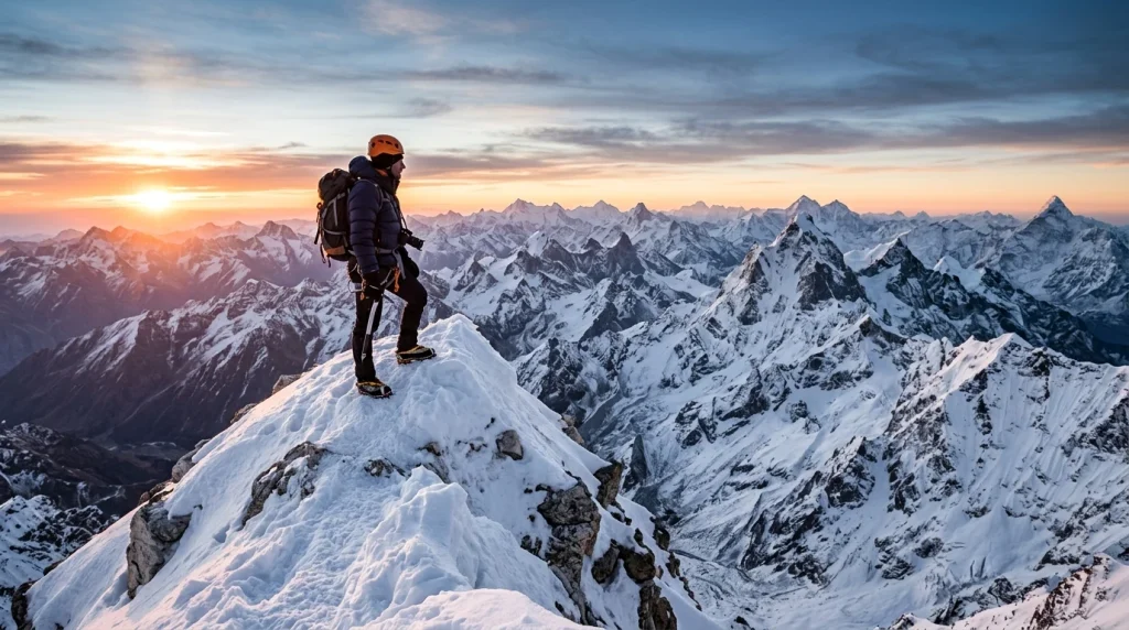 Mountaineer standing on snow-capped alpine peak at sunrise overlooking sea of mountains (AI Generated Image)