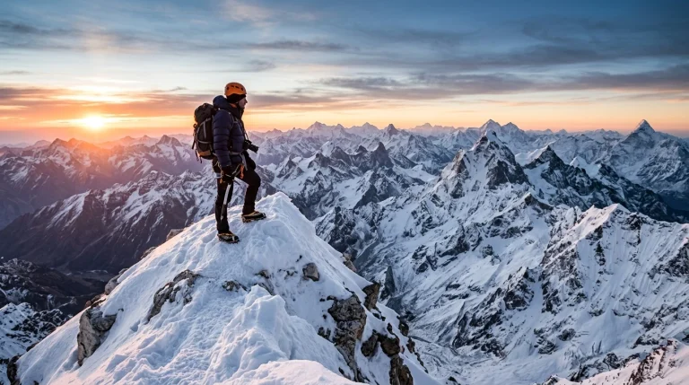 Mountaineer standing on snow-capped alpine peak at sunrise overlooking sea of mountains (AI Generated Image)