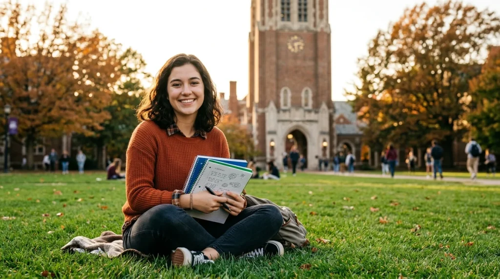 Dartmouth 'Introduce Yourself' Essay Guide: Examples & Advice 1 Friendly student sitting on collegiate lawn with notebooks and historic campus buildings behind (AI Generated Image)