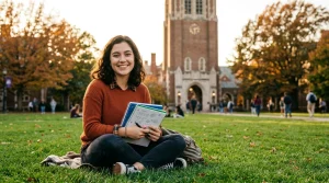 Friendly student sitting on collegiate lawn with notebooks and historic campus buildings behind (AI Generated Image)