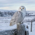 How to Describe a Snowy Owl: Sentence Templates & Writing Guide 2 Snowy owl perched on frosted fence post with striking amber-yellow eyes against winter tundra (AI Generated Image)