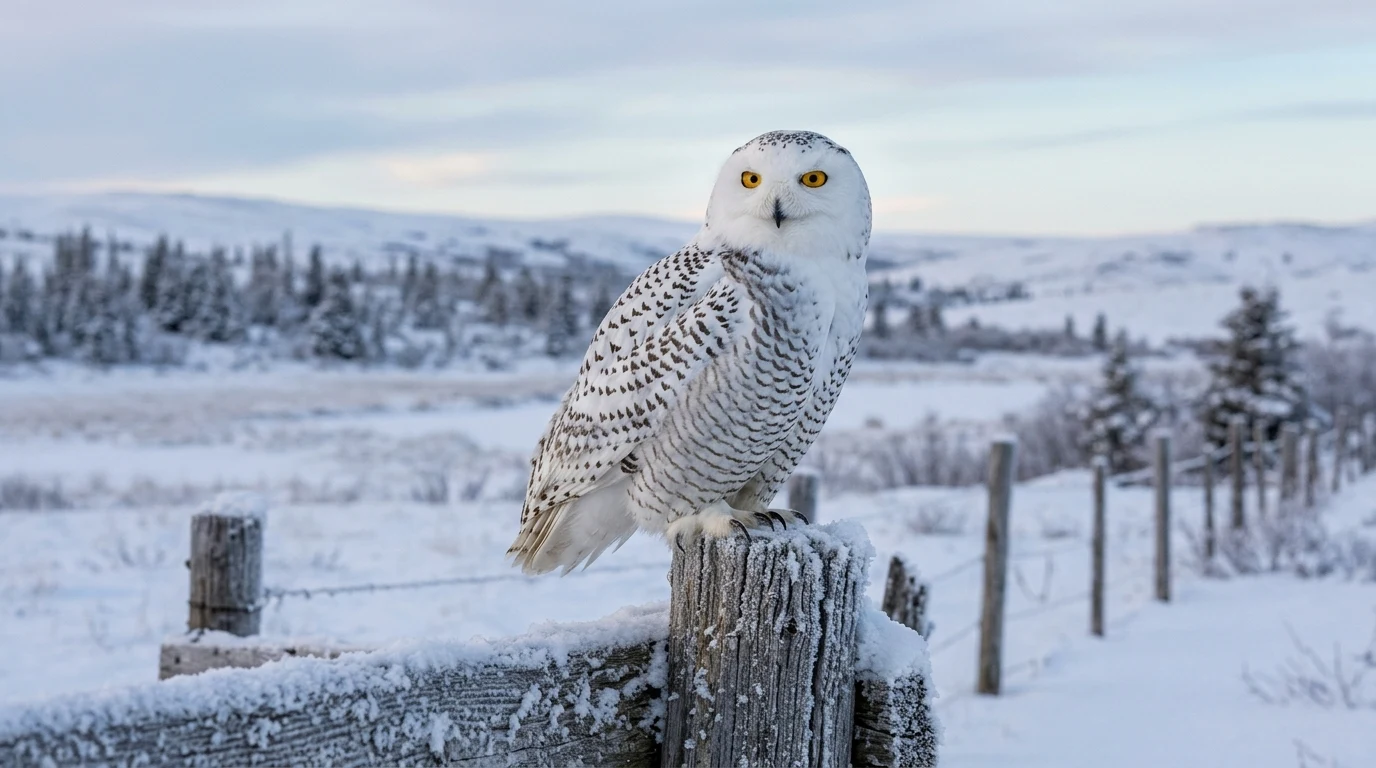 How to Describe a Snowy Owl: Sentence Templates & Writing Guide 1 Snowy owl perched on frosted fence post with striking amber-yellow eyes against winter tundra (AI Generated Image)