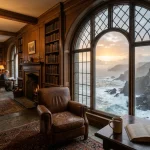 Sensory Description of Places: Guide & 15 Vivid Examples 3 Atmospheric old coastal library with arched window overlooking crashing sea waves at sunrise (AI Generated Image)