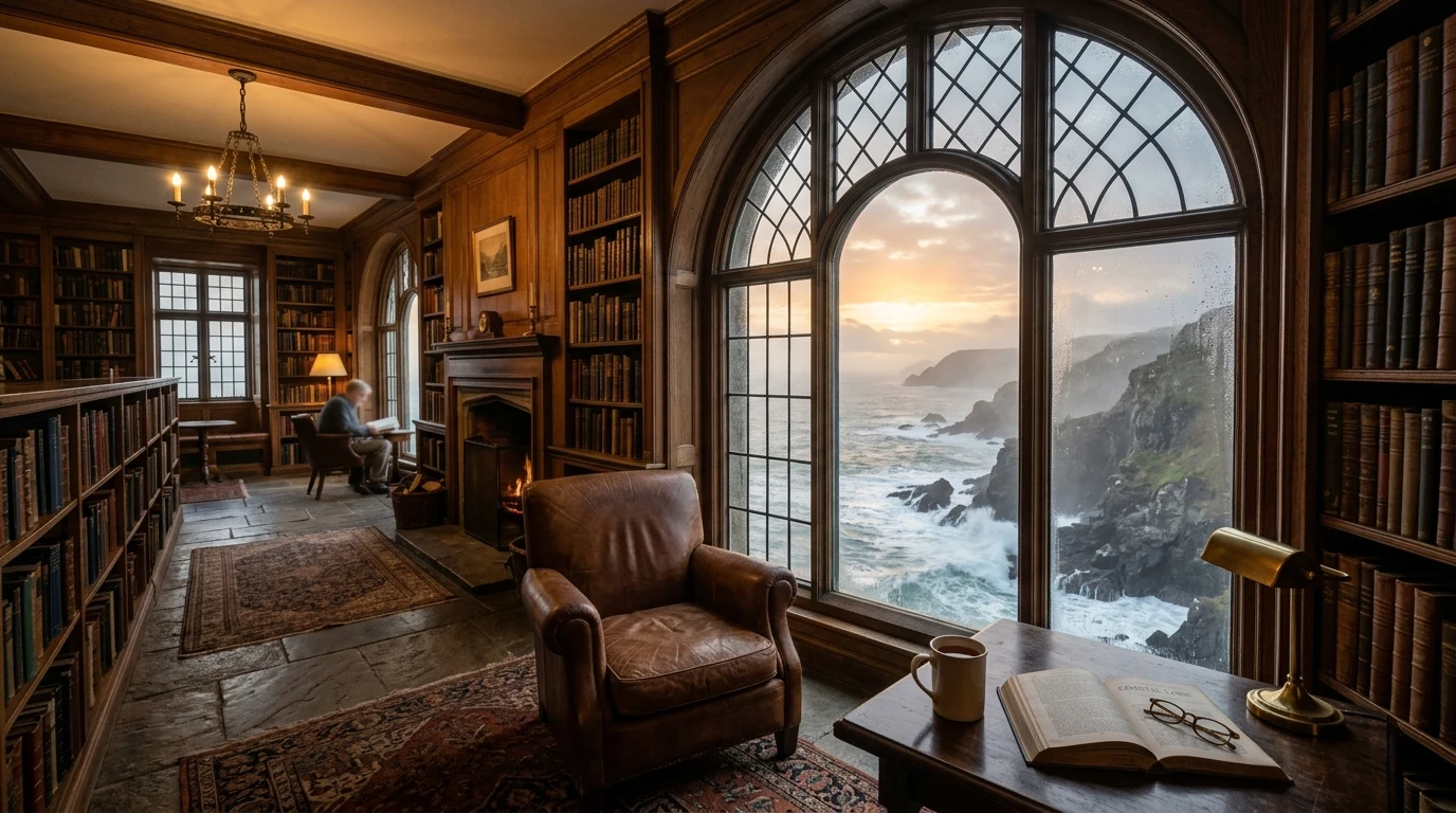 Sensory Description of Places: Guide & 15 Vivid Examples 1 Atmospheric old coastal library with arched window overlooking crashing sea waves at sunrise (AI Generated Image)